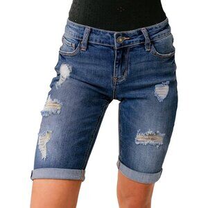 Women High Waisted Ripped Bermuda Shorts Denim 10 Inch Casual Fit